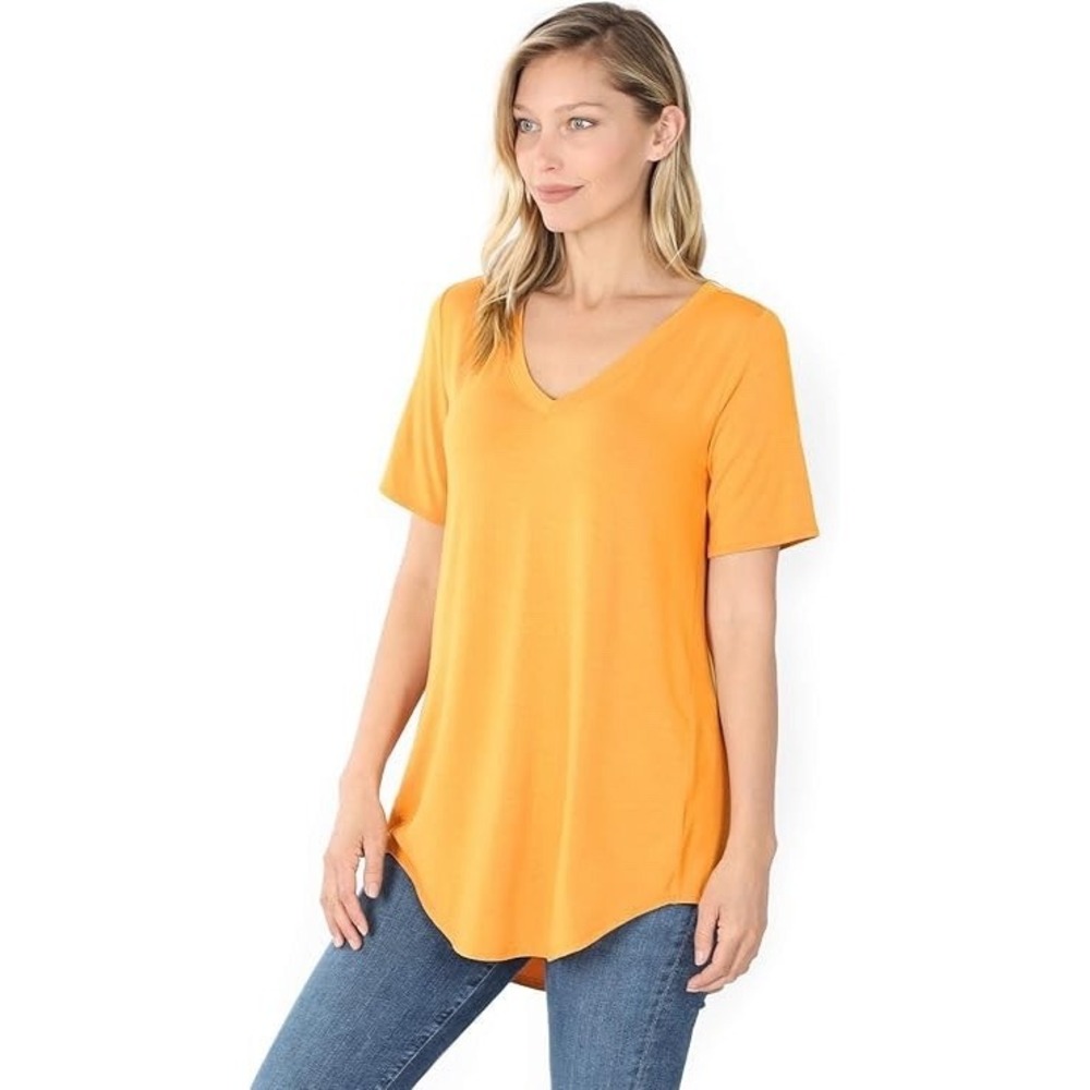 Zenana Luxe Rayon Short‎ Sleeve V-Neck HI-Low Hem TOP Ash Mustard Sz XL